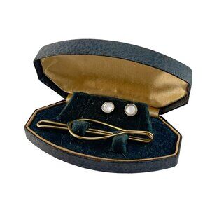 Tie Clip 10K Gold Filled and Mother of Pearl Tuxedo Buttons in Leather Box